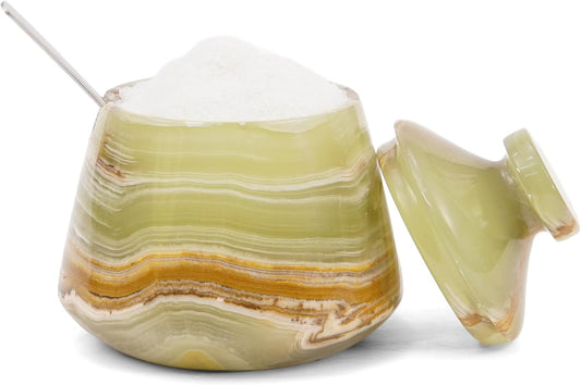 Marble Salt Cellar With Lid Green 3" Inches Salt Holder Seasoning & Spice Jar with Spoon Container, Modern Salt Keeper for Kitchen Countertop