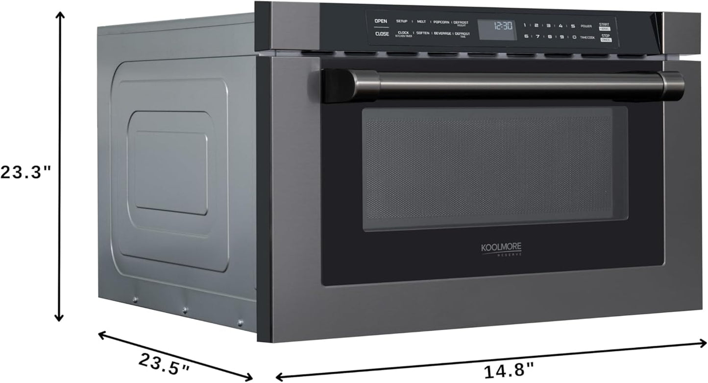 KoolMore Reserve 24 in. 1.2 cu. ft. Microwave Drawer with Electric Door Opening, 10 Power Levels, Sensor Cooking, Melt, Defrost, Bake, Roast, Broil, 1500 Watts, UL Certified in Black Stainless-Steel