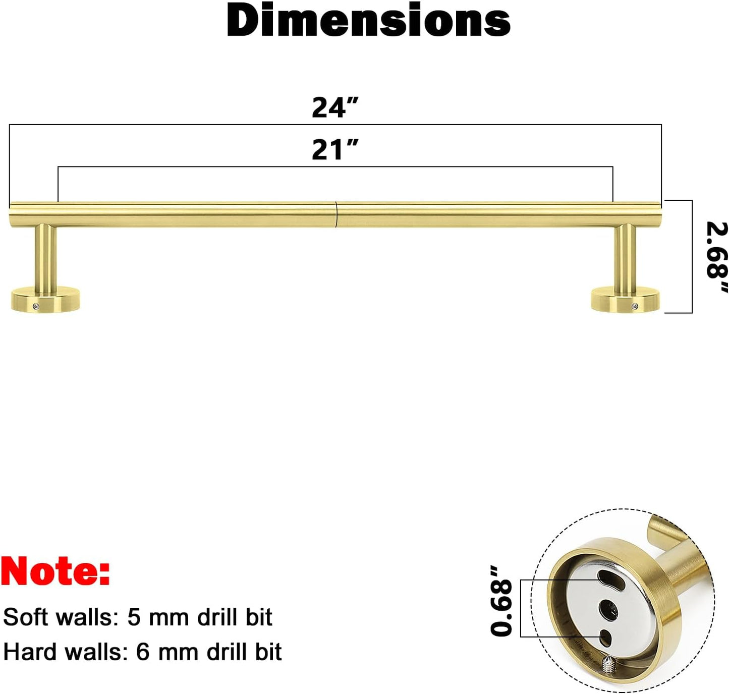 NearMoon Bath Towel Bar, Bath Accessories Thicken Stainless Steel Shower Towel Rack for Bathroom, Towel Holder Wall Mounted (1 Pack, Brushed Gold, 24 Inch)