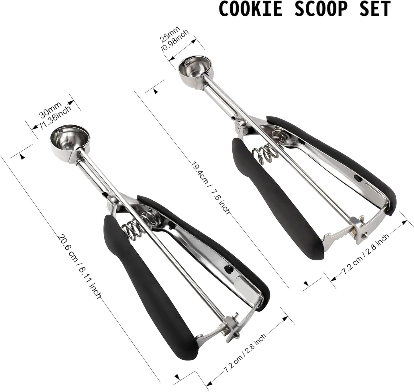 Small Cookie Scoop Set - 2 PCS Include 1 tsp / 2 tsp Cookie Dough Scoops, Cookies Scoops for Baking, Made of 18/8 Stainless Steel, Good Soft Grips, Quick Trigger Release