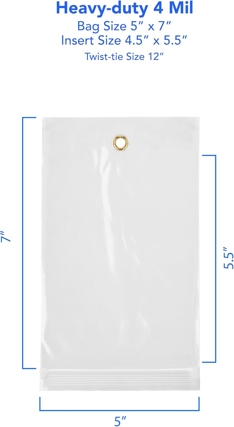 GPI - 5" x 7" Reclosable Zip Bags with Bottom Hang-hole & Pre-inserted 12" Twist-tie. 4 Mil Heavy-duty Resealable Zipper Baggy with Grommet/Metal Eyelet for Hanging (Insert Size 4.5x5.5) 500 Pack