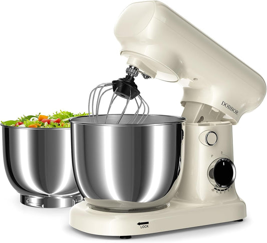 Stand Mixer with 3QT+3.5QT Dual Bowls, 10-Speed Electric 300W Food Mixer - Includes Egg Whisk, Dough Hook & Flat Beater for Home Baking & Daily Cooking (White)