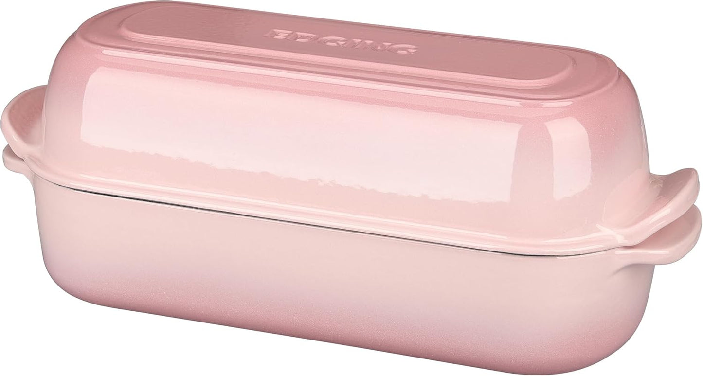 Enameled Cast Iron Loaf Pan with Lid, Dutch Oven for Homemade Bread Baking, 12.5x5.5 inch, 5Qt, Pink