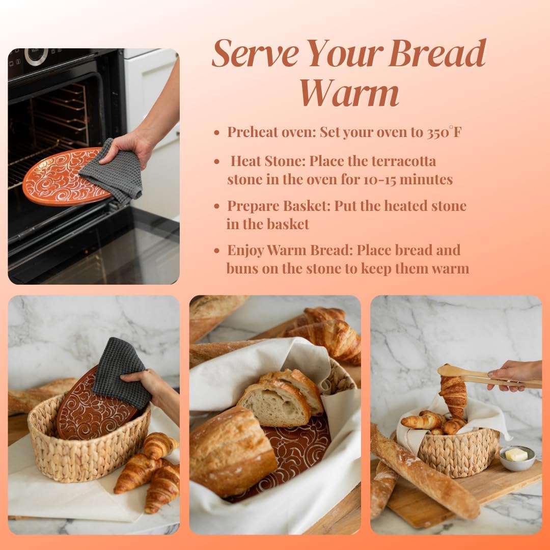Bread Warmer Basket with Stone - Tortilla Warmer - Bread Baskets for Serving- 11.8x9x4.72 Inches - House Warming Gifts