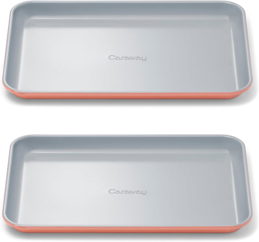 Caraway Nonstick Ceramic Small Baking Sheet Duo (9x13”) – Non-Toxic, PTFE & PFOA Free – Oven Safe – Aluminized Steel Core – Mini Sheet Pan for Baking, Roasting & More - Perracotta