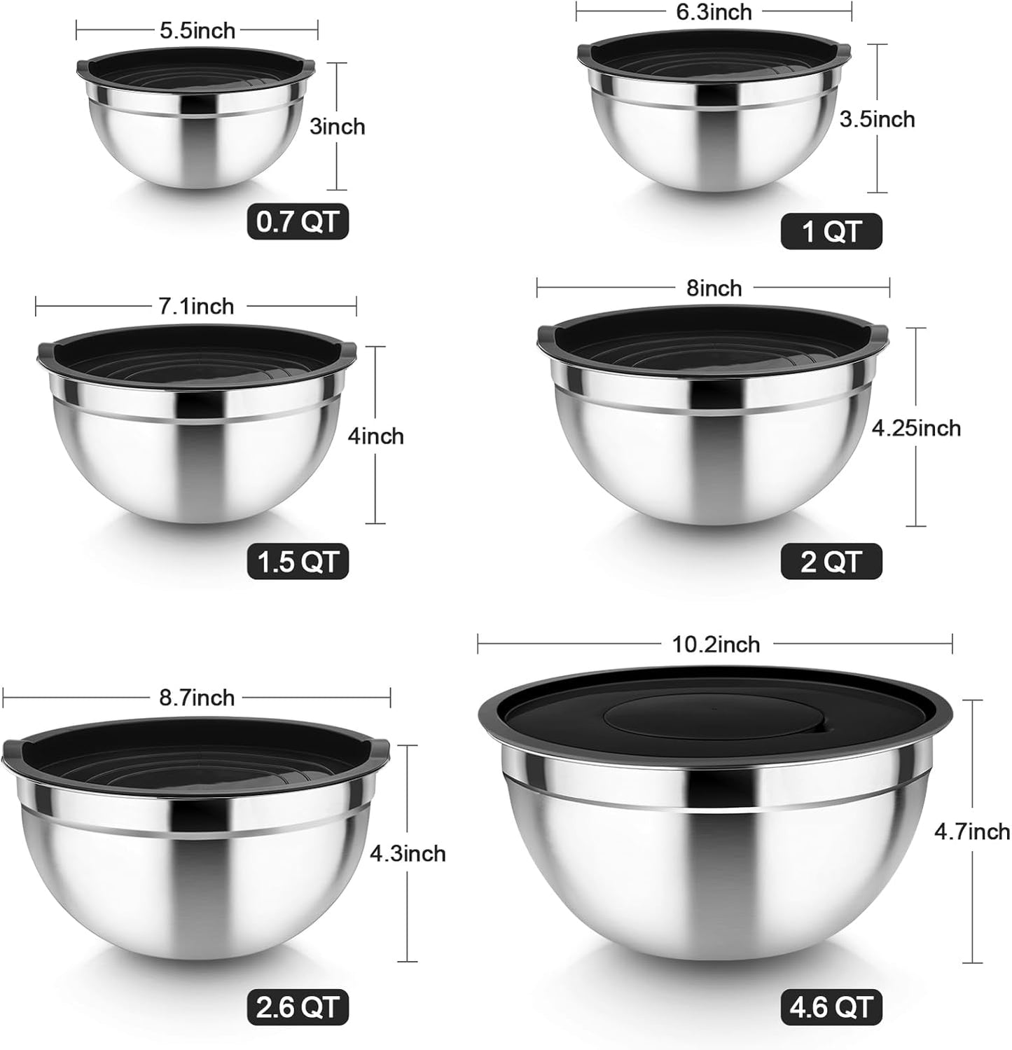 TeamFar Mixing Bowls Set of 6, Stainless Steel Nesting Mixing Salad Bowl with 3 Grater Attachments, for Food Cooking Prepping Storing, Black - Size 4.6/2.6/2 / 1.5/1 / 0.7 QT