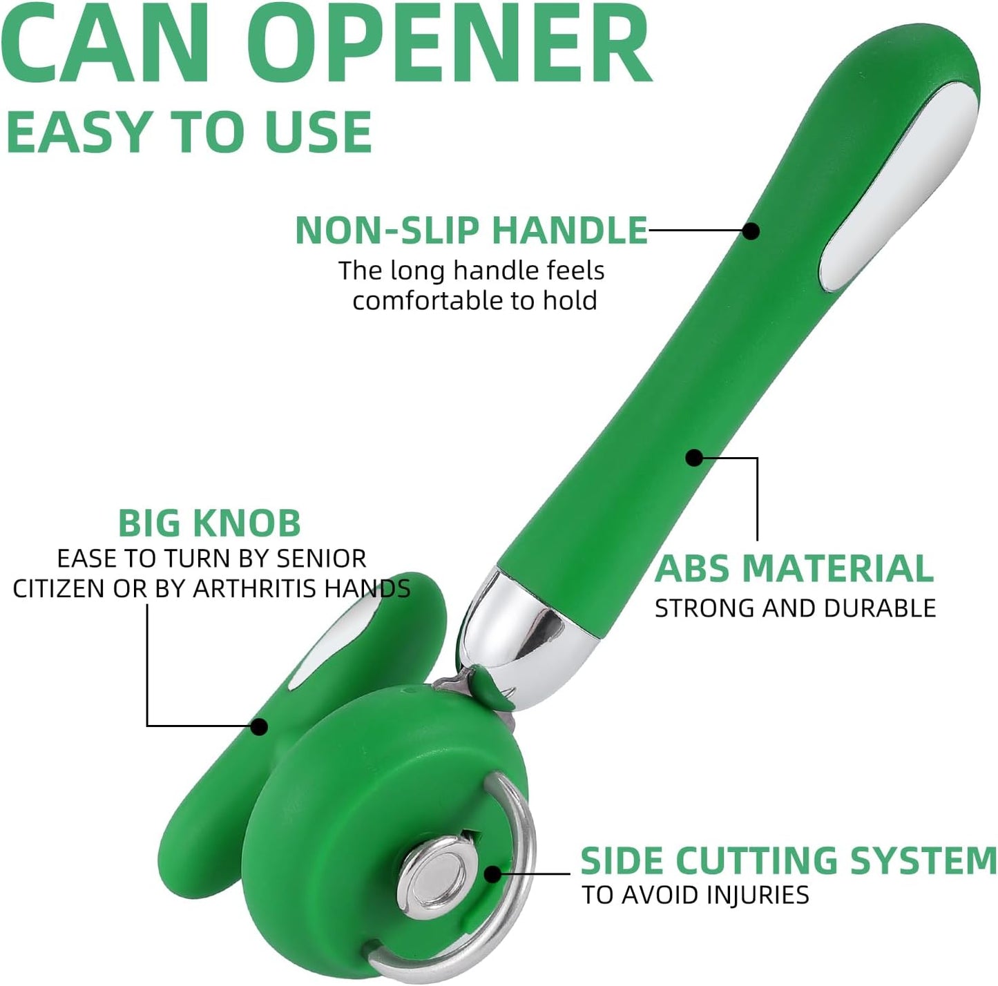 Can Opener Manual Tin Opener Stainless Steel Heavy Duty, Oversized Hand-held Easy Rotary Knob, Safe Cut Manual Can Opener with Non-Slip Handle, Smoother Cut Sharp Blade for Seniors Kitchen Tool, Green