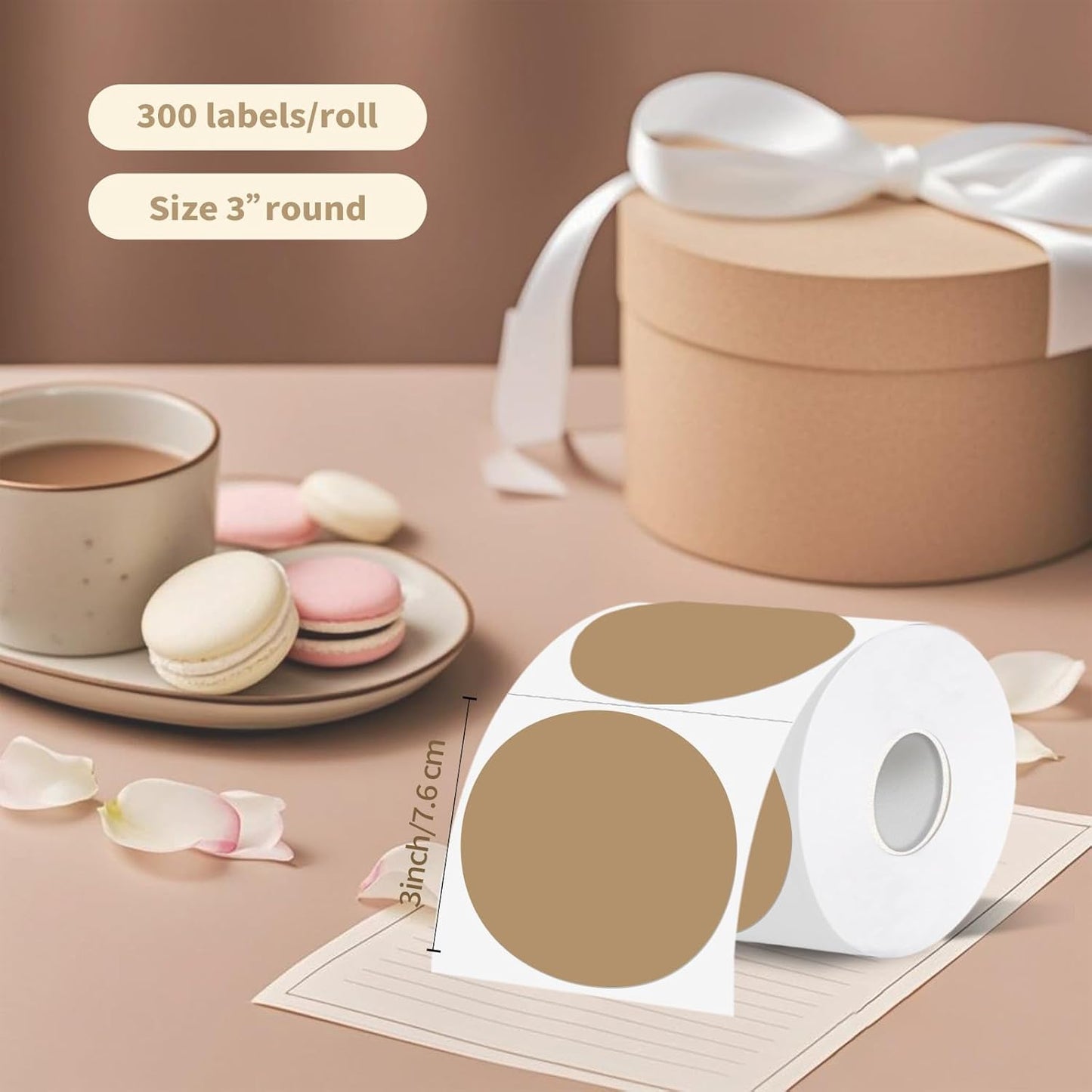 Thermal Label,3 Inch Brown Round Thermal Printer Sticker,Self-Adhesive Round Direct Thermal Labels,Thermal Stickers for DIY Logo Design,Name Tag (300 Labels/1 Roll)