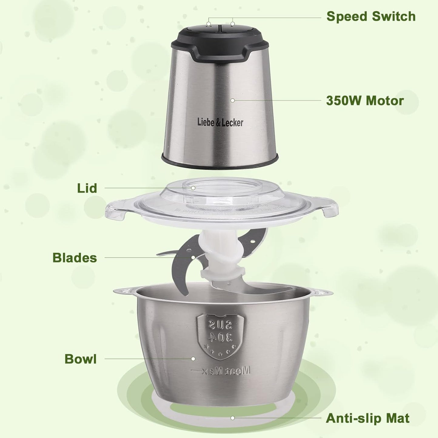 Liebe&Lecker Food Processor, Meat Grinder with 2 Bowls 8 Cup and 8 Cup, Food Chopper Electric Vegetable Chopper with 4 Large Sharp Blades for Fruits, Meat, Vegetables, Baby Food, Nuts, 2 Speed.