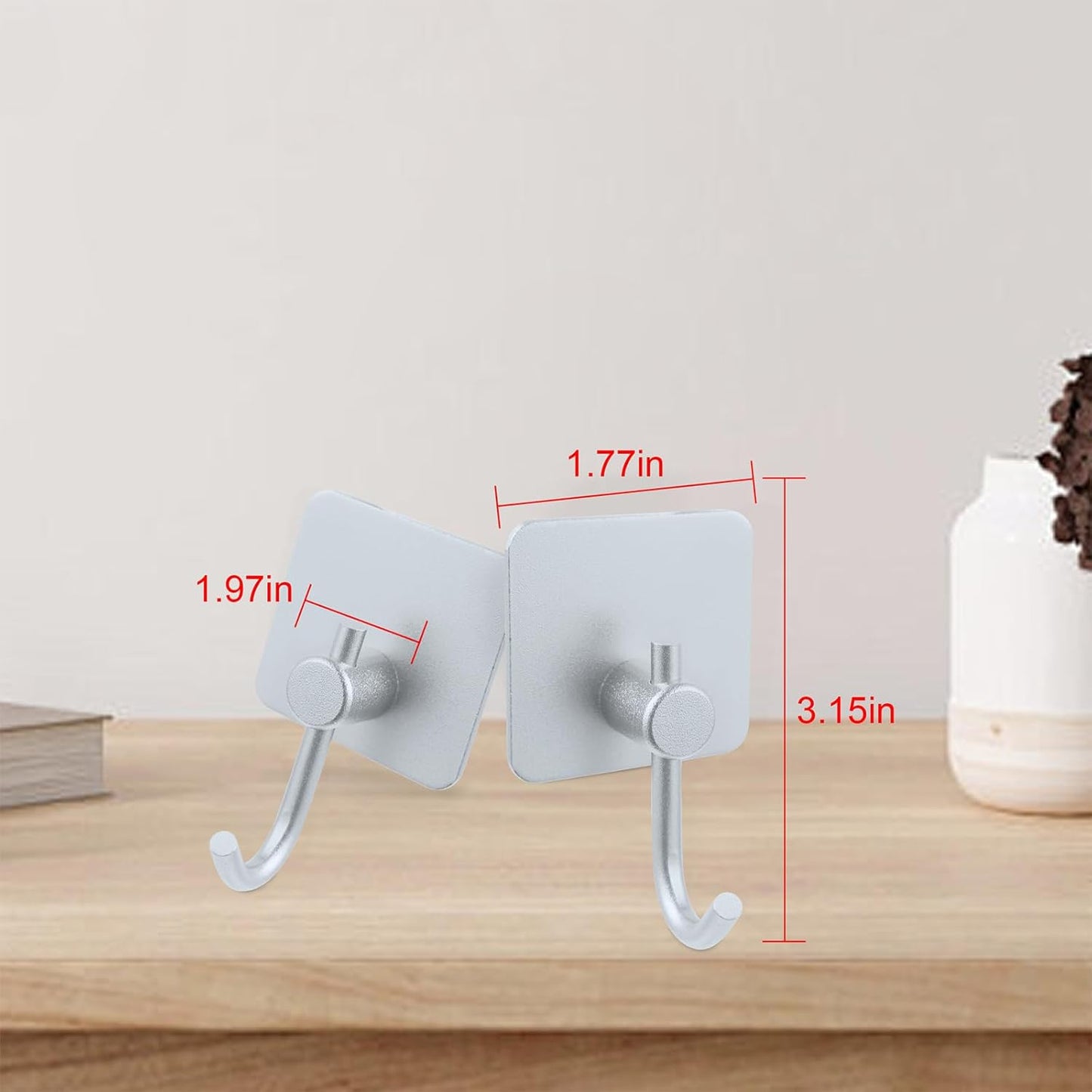 Aluminum Wall Hooks, No Drill Damage-Free Adhesive Hook, Product for Hanging Heavy Duty for Bathroom Kitchen Home (Curved Square Sliver Hook, 4)