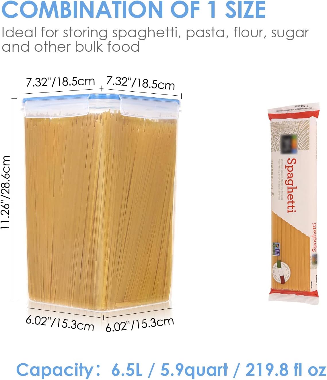 Vtopmart Extra Large Tall Airtight Food Storage Containers 4 Pieces 5.9qt / 6.5L-Plastic PBA Free Kitchen Pantry Canister for Spaghetti, Flour and Baking Supplies - Include 24 Labels, Blue