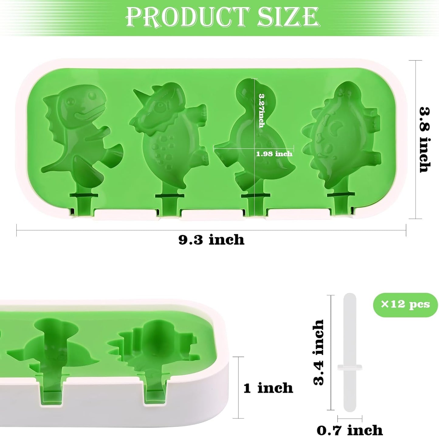 Sakolla 2 Pack Silicone Popsicle Molds with Sticks & Lid, 4-Cavity Mini Popsicle Molds for Kids - Cars, Ships, Train, Rocket and Dino Shapes (Green & Blue)