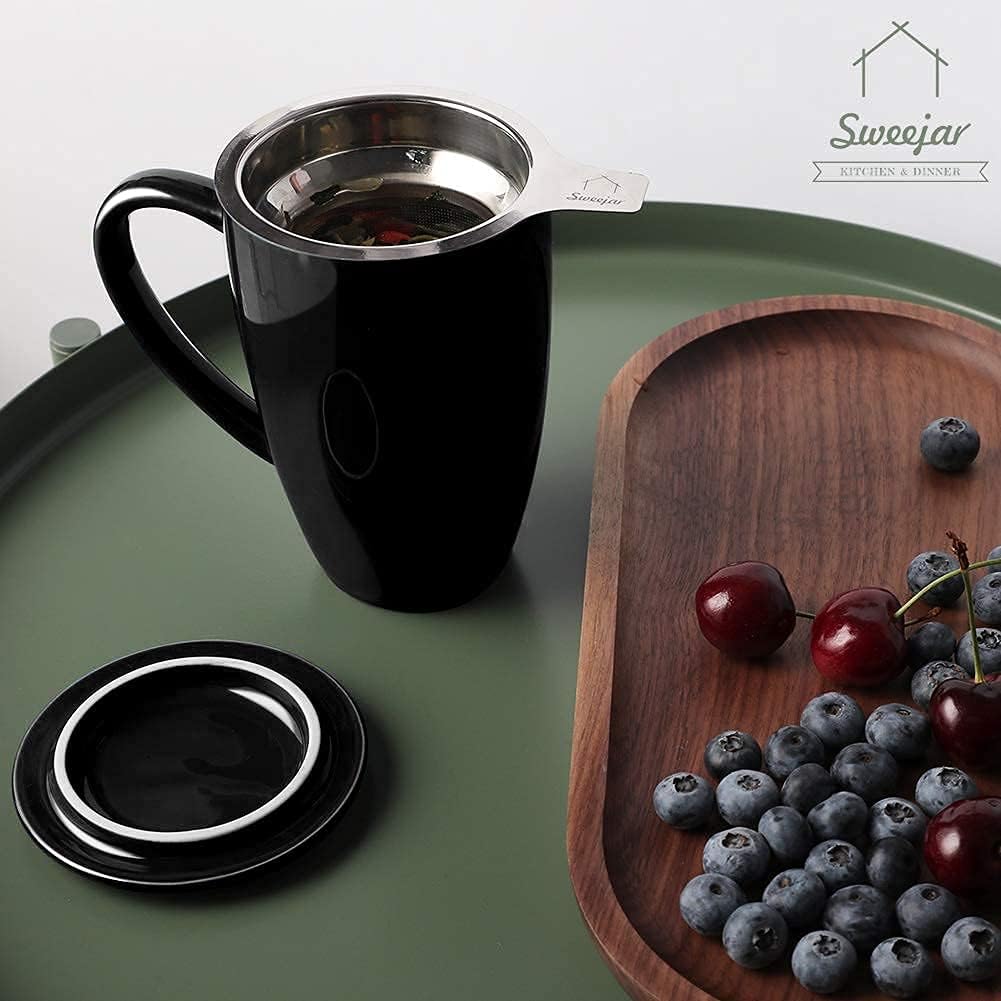 Sweejar Porcelain Tea Infuser Cup with Lid, 16 oz Tea Cup with Strainers for Loose Leaf Tea, Microwave and Dishwasher Safe Coffee Mug, Tea Steeping Mug for Tea Drinkers,Christmas Gift (Black)