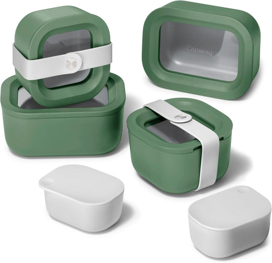 Caraway Mini Food Storage 11pc Set - Glass Storage Containers for Food - Non-Toxic Ceramic-Coated Glass - Air Release Technology - Compact & Stackable Design - Sage