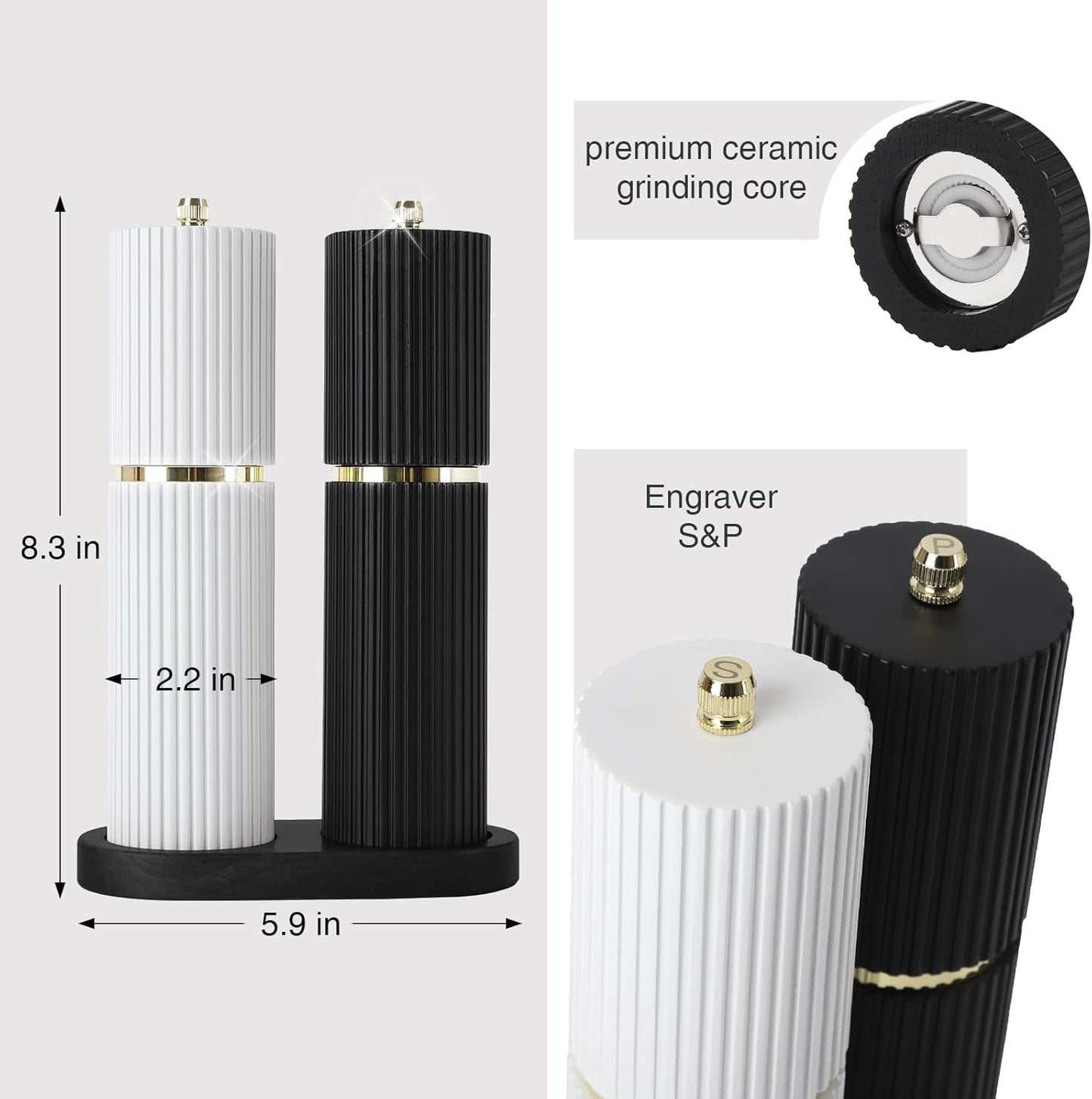 Wooden Salt and Pepper Grinder Set with Gold Accents, Refillable Salt and Pepper grinder with adjustable Coarseness, Pepper Mill Manual,Salt and Pepper Shakers With Tray-Ideal for Gifting