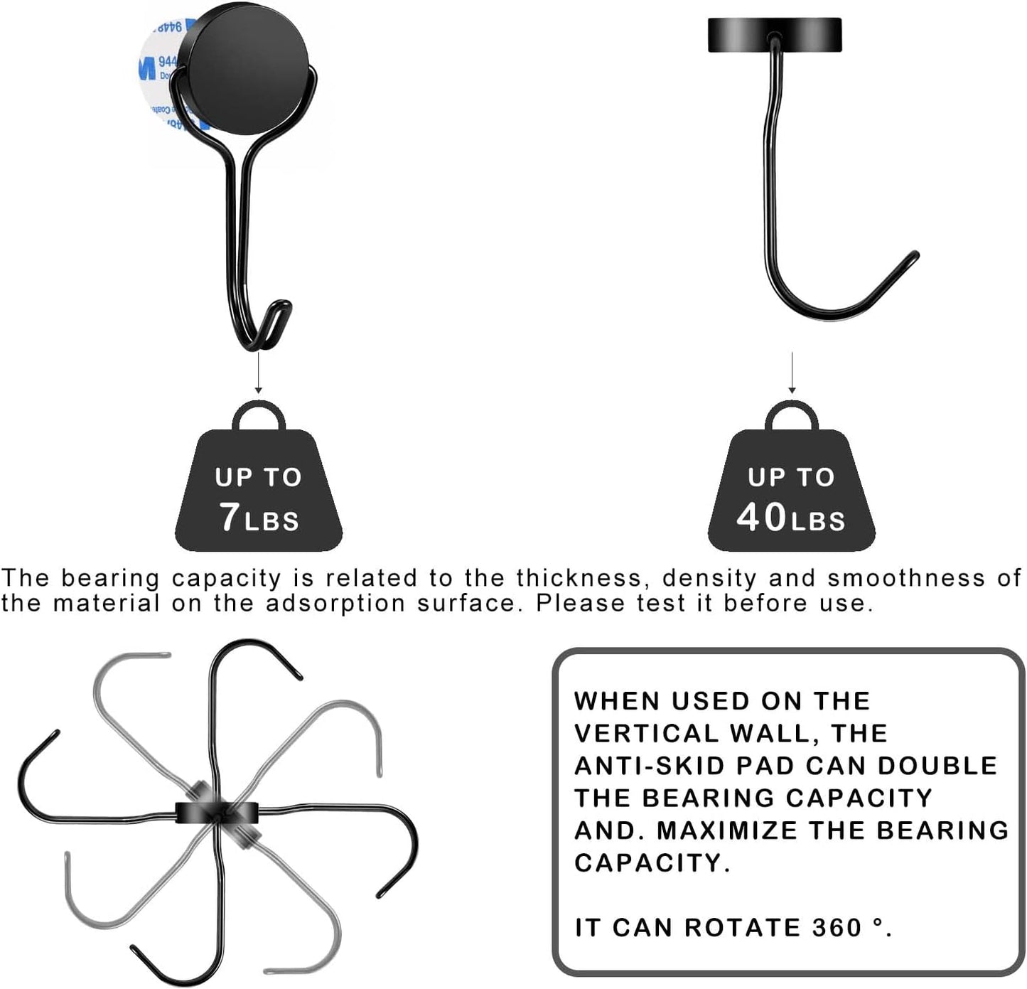 Magnetic Hooks,Heavy Duty 304 Stainless Steel Magnet Hooks for Cruise Refrigerator Grill,Strong Magnet with Hooks for Home Kitchen,Garage Toolbox Key Holder,4pack （Black,1.3in-1 40Lbs）