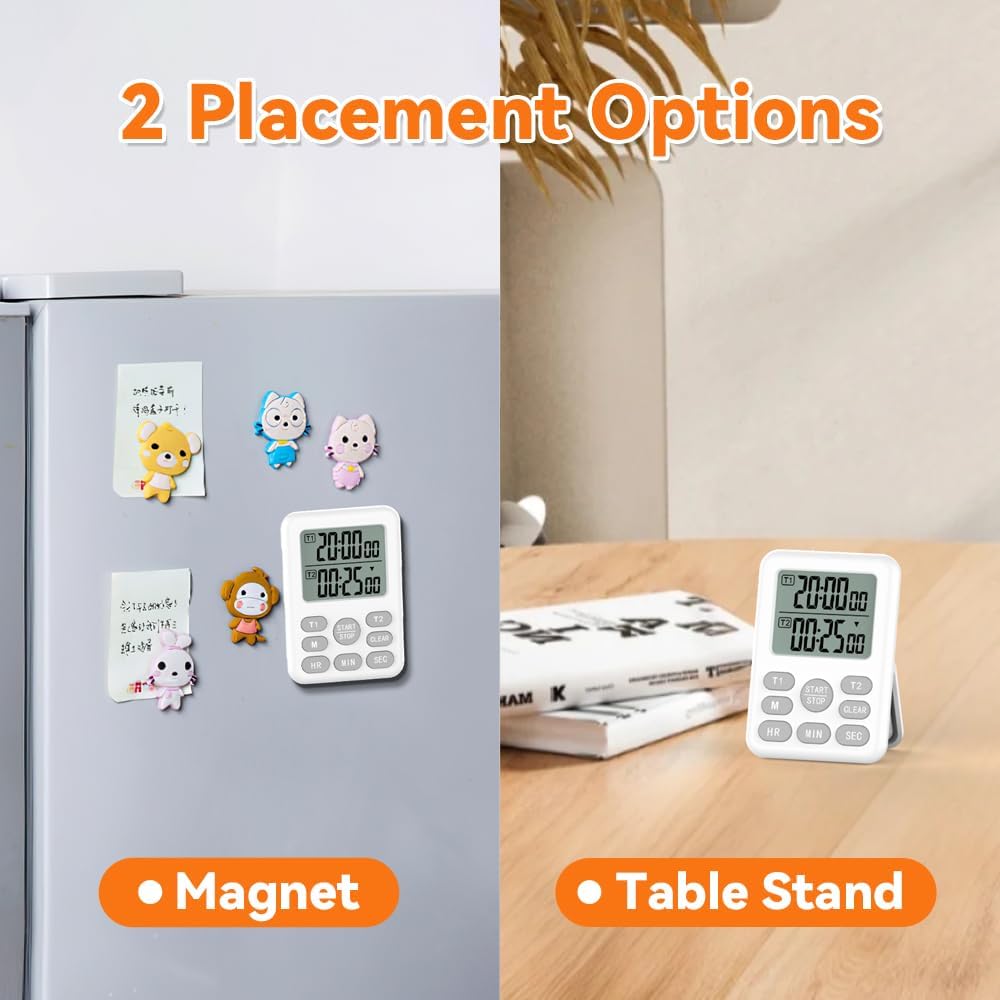 Dual Kitchen Timer Digital - 2 Channel for Cooking with Alarm, Large Display, Magnetic Back, Replaceable 3A Battery, Loud Food Timer, Modern White Design for Multi Timing Needs