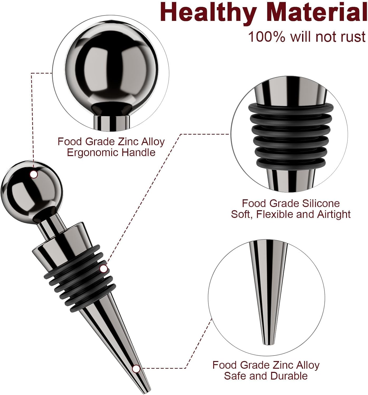 Vacuum Wine Bottle Stoppers 6Pcs - Reusable Silicone Corks, Leak Proof, Keep Fresh, Suitable for Standard Bottles (Black, 6 Pack)