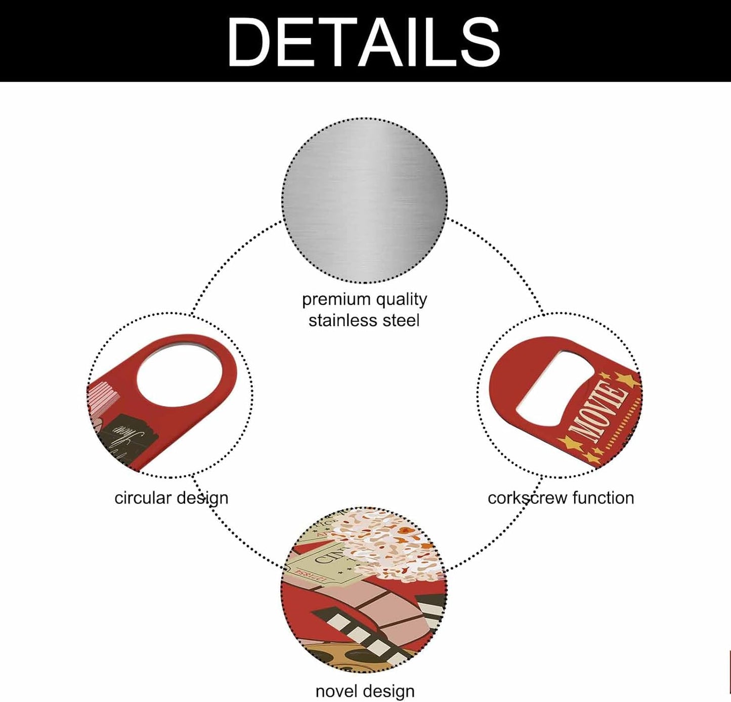 Vintage Cinema Stainless Steel Bottle Opener Movie Night Poster Enjoy The Show and Popcorn Nostalgia Flat Beer Bottle Opener Keychain for Home Kitchen Bar Restaurant Party Birthday Gift