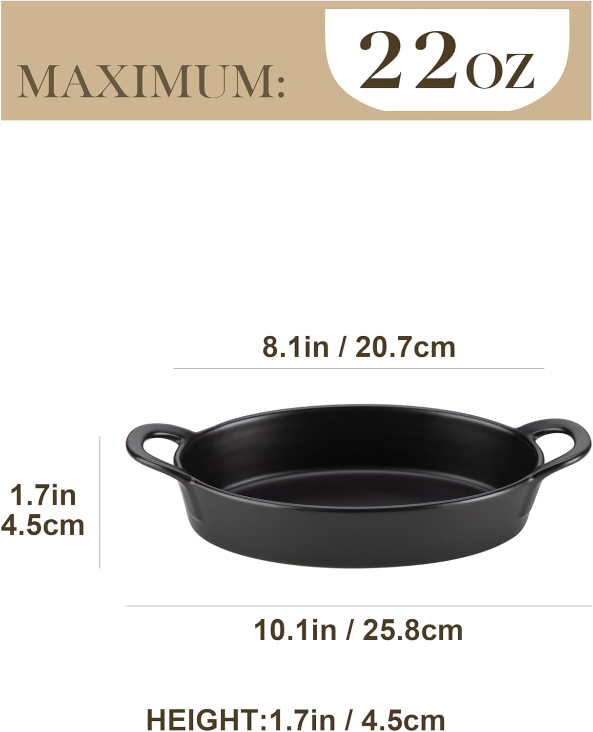MALACASA Small Casserole Baking Dishes for Oven, Ceramic Oval Baking Dish Sets of 4, 8" x 5" Inch Au Gratin Baking Pans with Handles for Roasting, Lasagna, Pie, Baking Meat & Vegetables, Matte Black