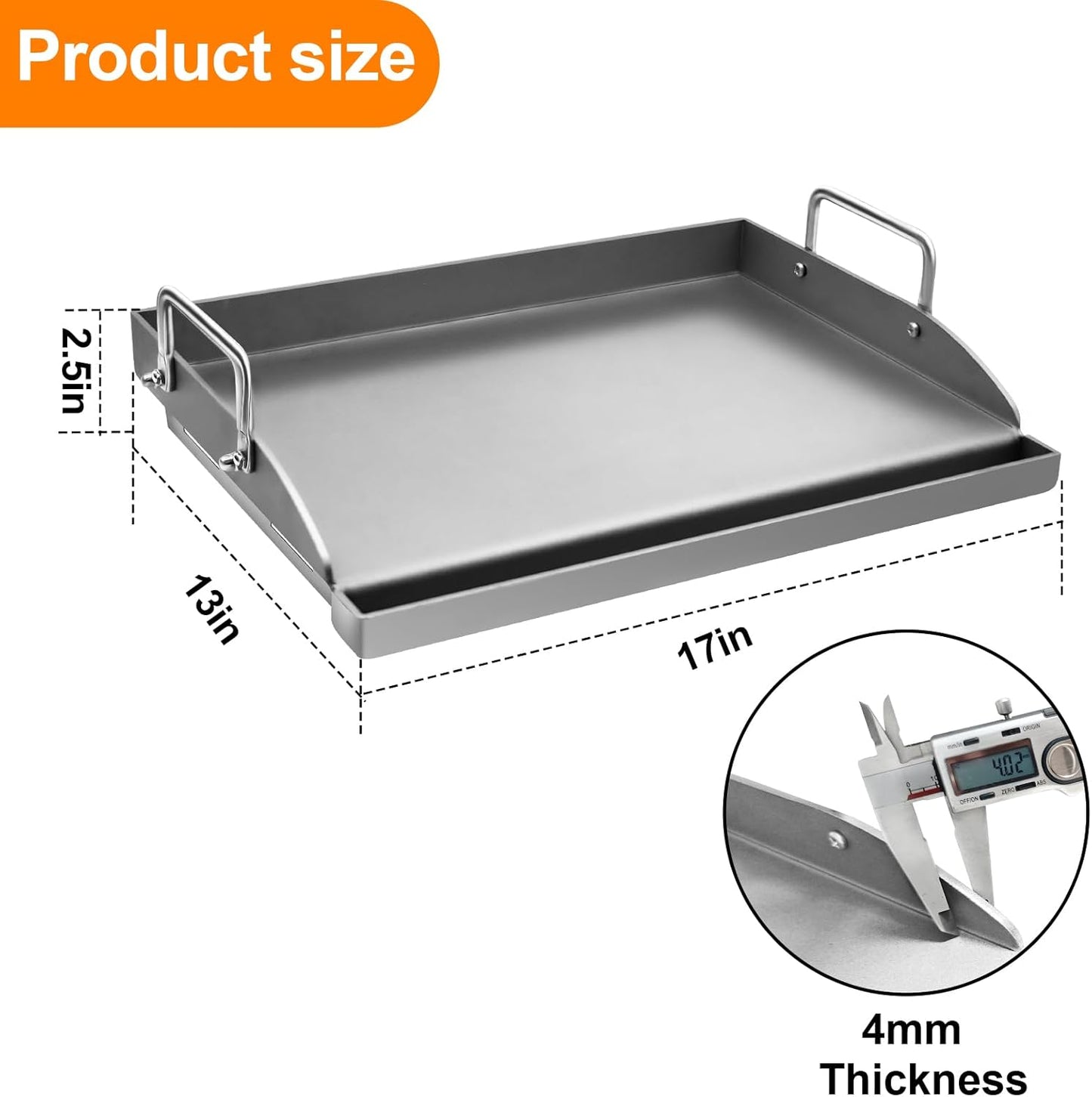 ABYDA Universal Stainless Steel Cooking Griddle, Heavy-Duty 4mm Flat Top Plate Insert with Grease Groove and Removable Handles,Premium Nonstick Coating for Gas/Charcoal/Stove, 17"x13"