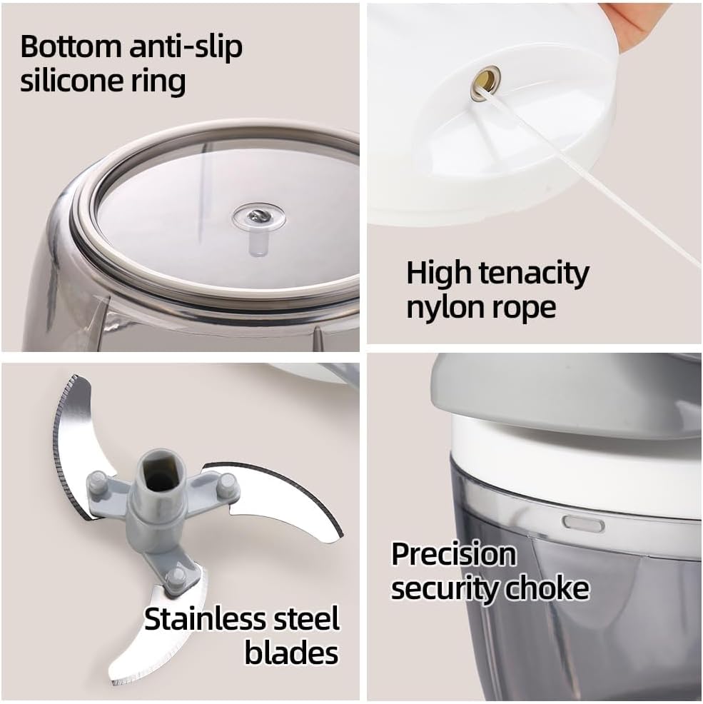Manual Food Processor Vegetable Chopper 2.3 Cup Small Mini Hand Pull String Onion Chopper Garlic Mincer Cutter with 3 Stainless Steel Blades - White