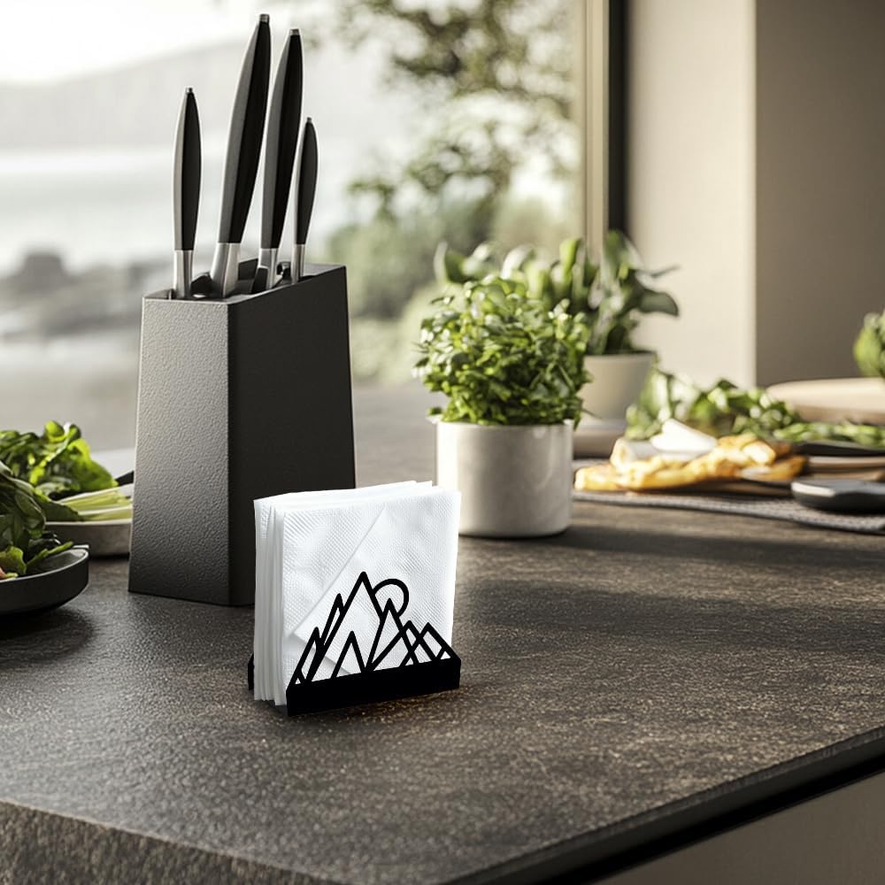 Geometric Mountains Decorative Black Metal Napkin Holder for Table, 4.9" x 4.9" x 1.9" Standing Napkin Holder for Home Kitchen Restaurant Picnic Party Coffee Bar Dining Room