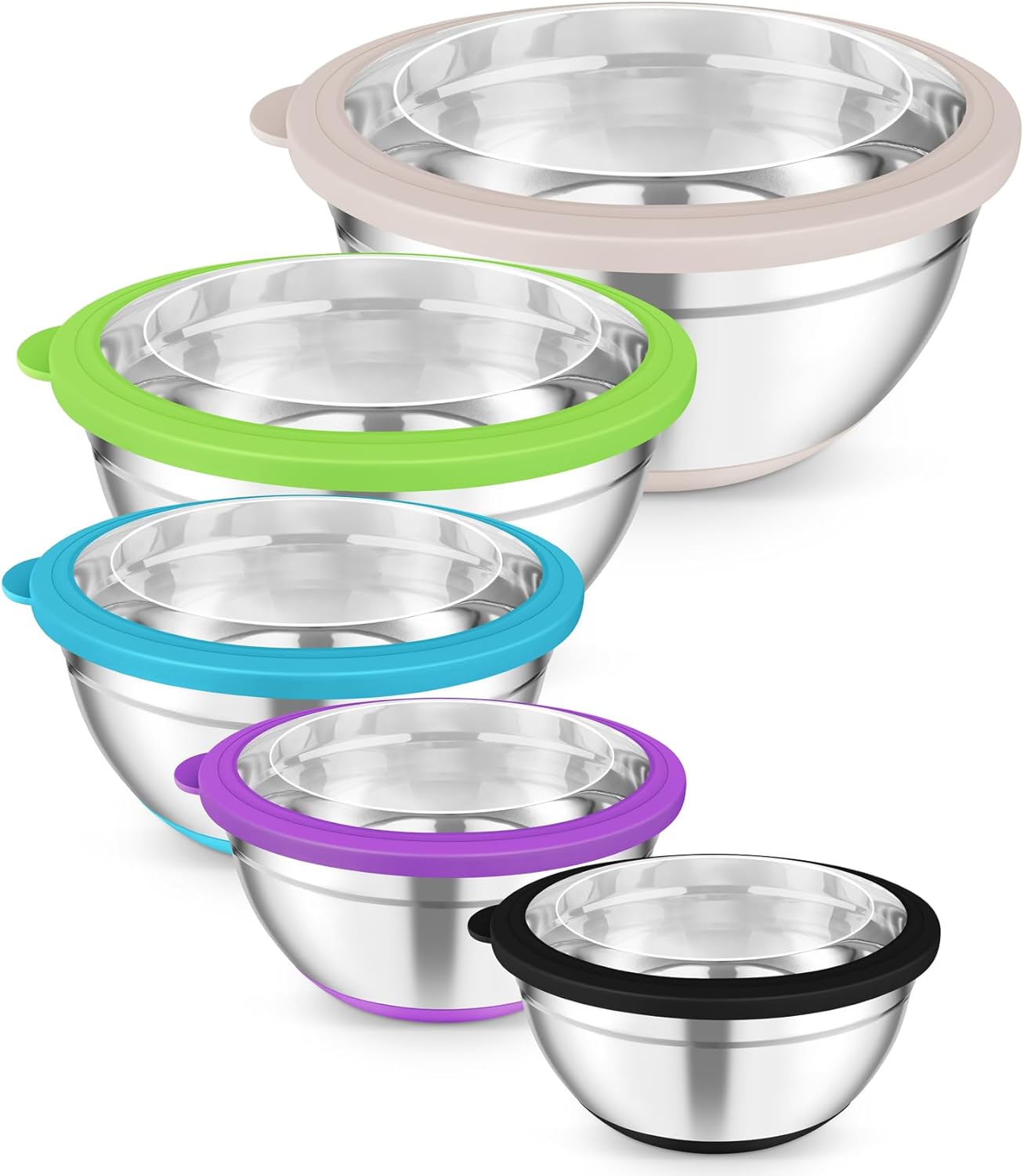 TeamFar Mixing Bowls, 5PCS Stainless Steel Serving Salad Bowls with Lids, For Kitchen Mixing/Baking/Storing/Prepping, Visible & Airtight, Non-Slip Bottom - 4.6/3.5/1.5/1 / 0.7 QT, Multi-color