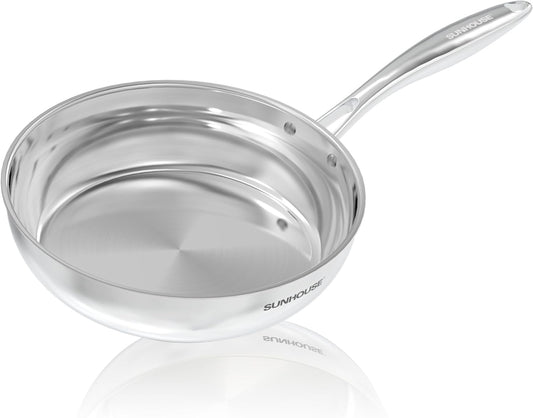 Sunhouse 8 Inch 18/10 Chef Series Stainless Steel Frying Pan, Tri-Ply Stainless Steel Construction, PFOA-FREE, Stay-Cool Handle, Induction Compatible