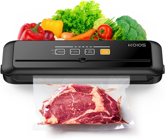 KOIOS Vacuum Sealer Machine, 90Kpa Automatic Vacuum Air food sealer/Built-in Cutter Starter Kit, Dry & Moist Food Preservation Modes, Pulse Function, LED Indicator Lights, Black