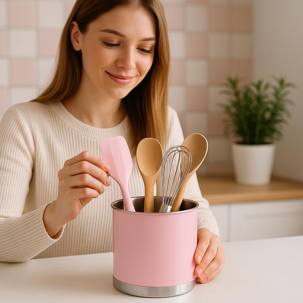 Creative Home Stainless Steel Utensil Holder– 7" Extra Large Cooking Tool Organizer for Kitchen Decor and Countertop Storage, Stable Anti-Tip Design, Durable Powder-Coated Finish, Pink