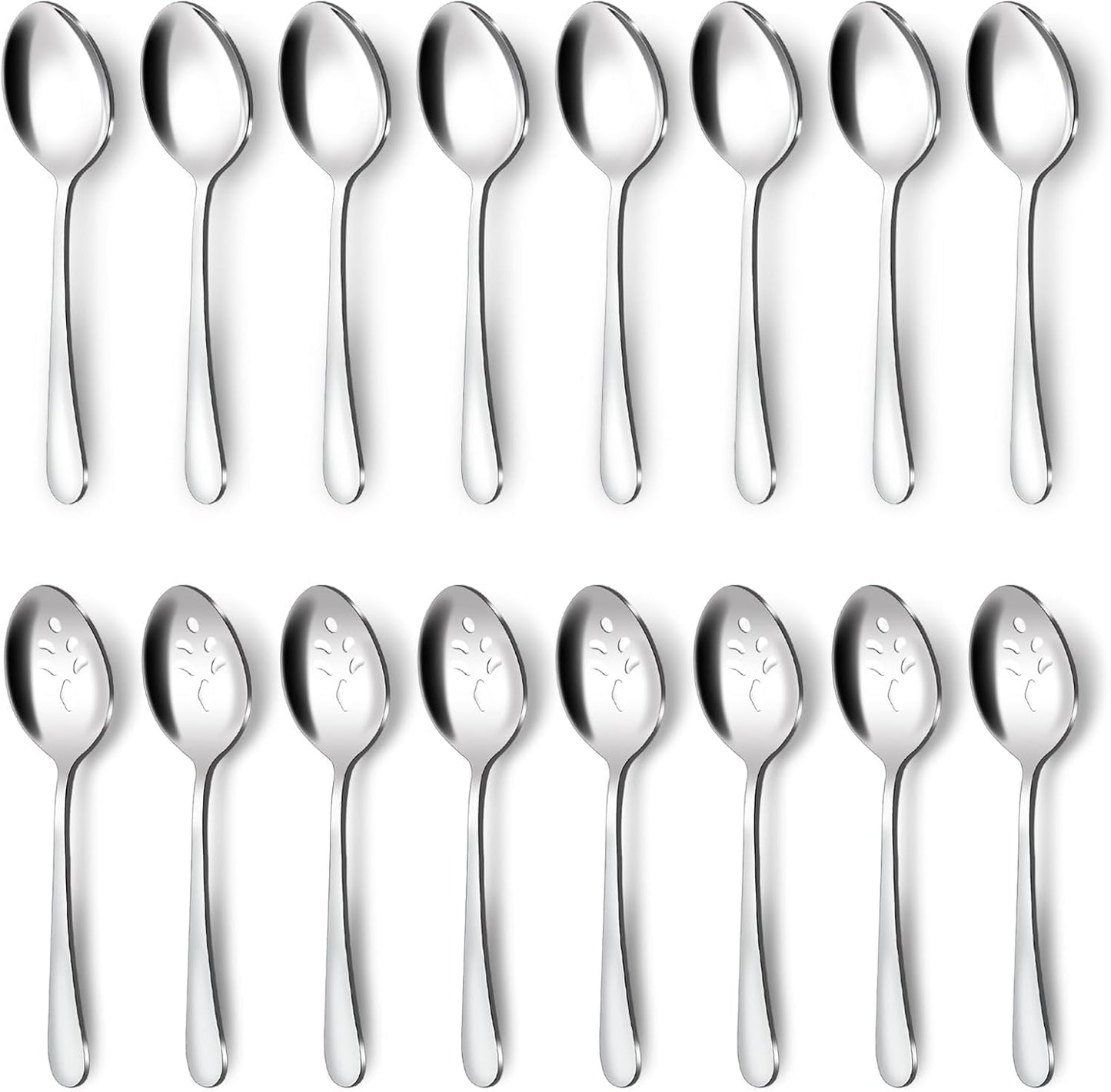 BEWOS 16-Piece Serving Utensils Set, 8 Spoons & 8 Slotted Spoons, 9.1-Inch, Stainless Steel, Dishwasher Safe, Perfect for Parties & Buffets