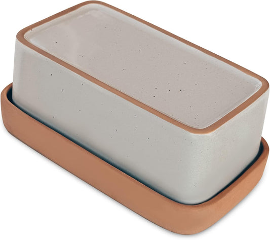 Mora Ceramic Two-in-One Butter Dish with Lid, Covered Butter Crock Container to Leave on Countertop - Large Storage Keeper/Holder for Kitchen, Gifts for Her, Butter Tray For Counter - Earl Grey