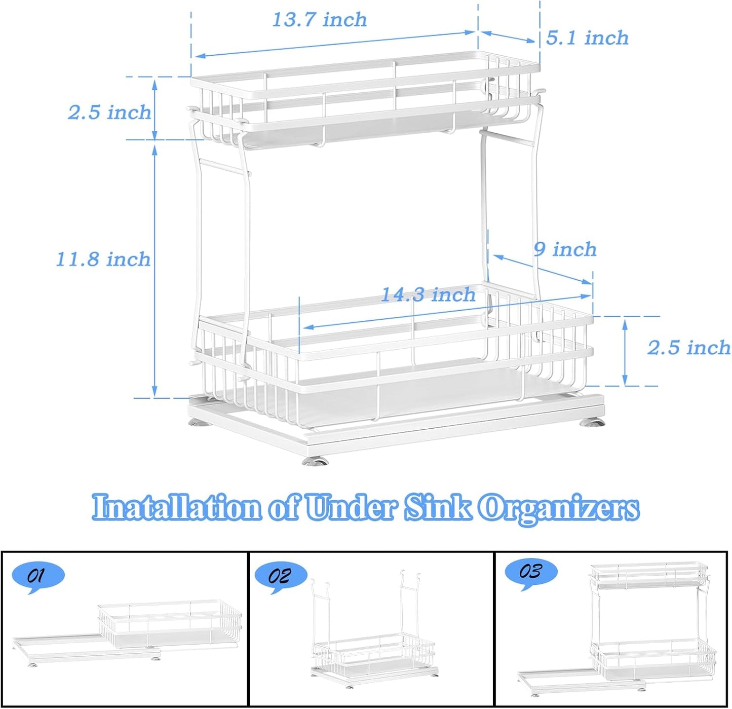 1 Pack Under Sink Organizers and Storage, 2 Tier Pull Out Cabinet Organizer, Metal Sliding Drawer Storage for Kitchen Bathroom，White