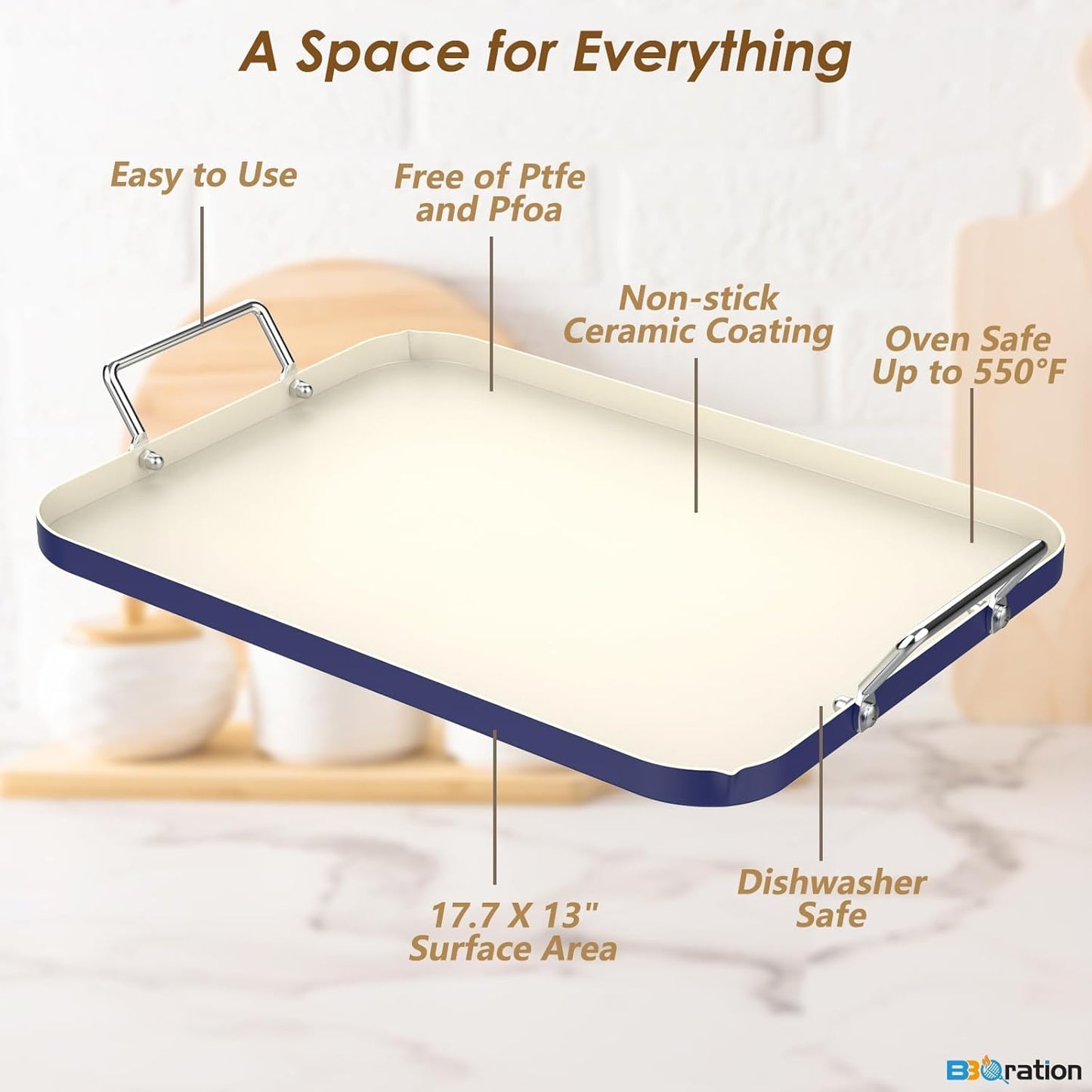 17.7" x 13" Burner Griddle Pan for Stove Top Oven, Stainless Steel Handles, Non Stick Ceramic Griddle Pan Griddle Skillet, PTFE Free PFOA Free, Blue