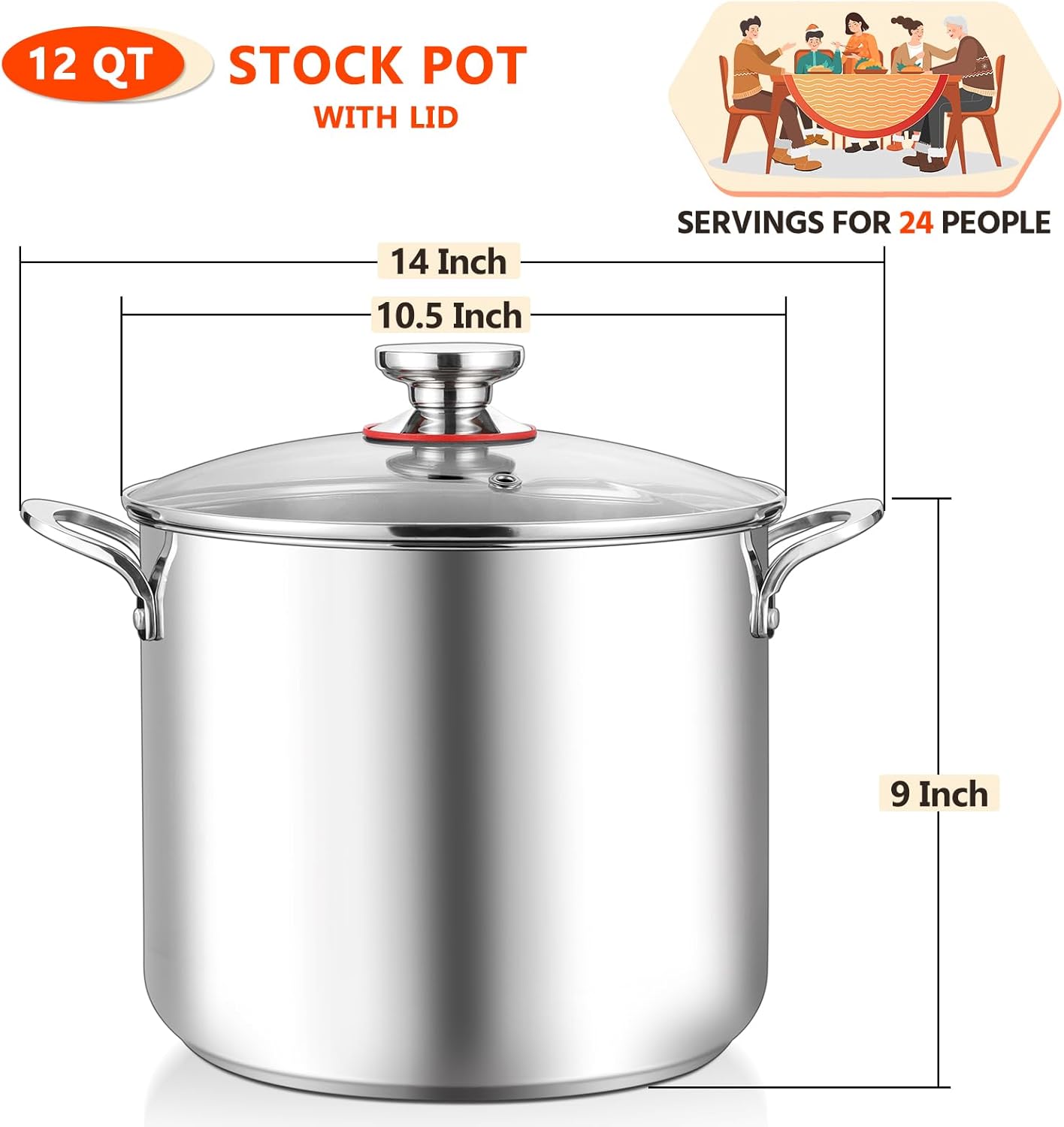 E-far 12-Quart Stock Pot, 18/10 Stainless Steel Stockpot with Lid for Cooking Simmering Soup Stew, Heavy Duty Cookware Works w/Induction, Non-toxic & Corrosion Resistant, Dishwasher Safe