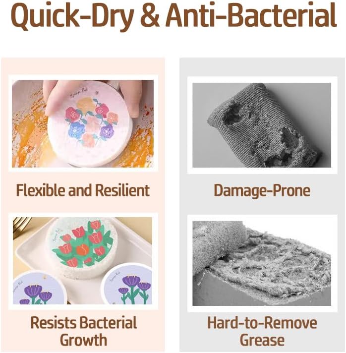 Flower-Shaped Wood Pulp Sponge Scrubber, sponges Kitchen– Dual-Sided Natural Dish Sponge,sponges for Dishes, Eco-Friendly, Quick-Drying, Gentle on Non-Stick Pans (9.3×1.8cm) (12pcs)