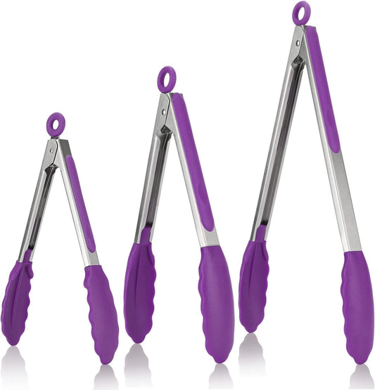 U-Taste Kitchen Tongs, 7/9/12 inches Cooking Tongs, with 600ºF High Heat-Resistant Non-Stick Silicone Tips, 18/8 Stainless Steel Handle, for Food Grill, Salad, BBQ, Frying, Serving, Pack of 3(Purple)