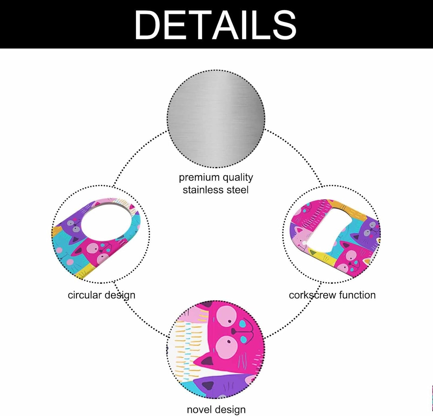 Cute Cats Stainless Steel Bottle Opener Colorful Happy Kitten Pink Blue Purple Flat Beer Bottle Opener Keychain for Home Kitchen Bar Restaurant Party Birthday Gift