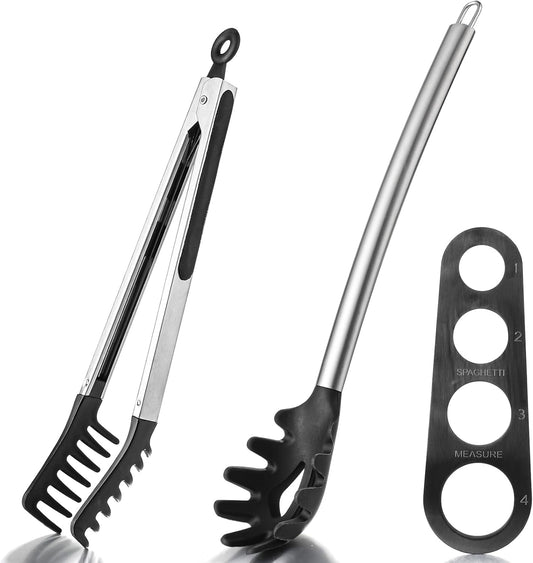 Spaghetti Spoon and Pasta Tong Set, Silicone Pasta Fork with Stainless Steel Handle and Pasta Measuring Instrument, Toothed Pasta Spoon, Pasta Cooking Tool