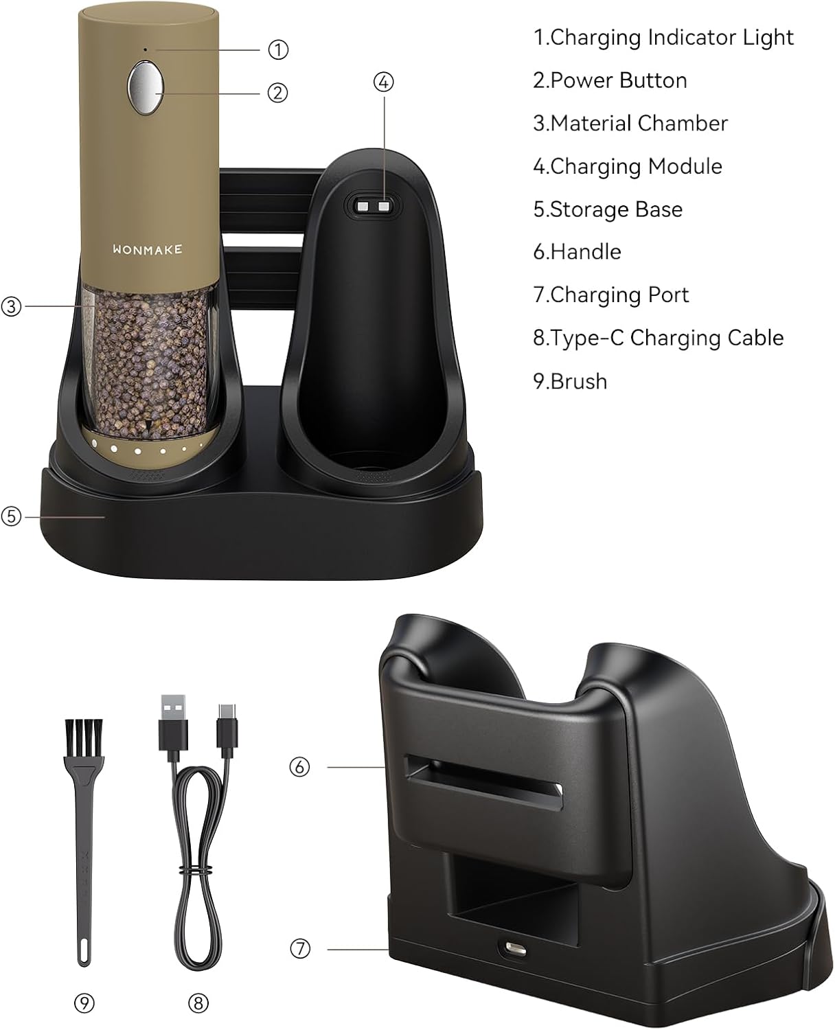 Electric Salt and Pepper Grinder Set - Automatic Refillable Salt and Pepper Grinders with Charging Base & LED Light, 6-Level Adjustable Coarseness with External Dial, Ideal Kitchen Gadget，Brown