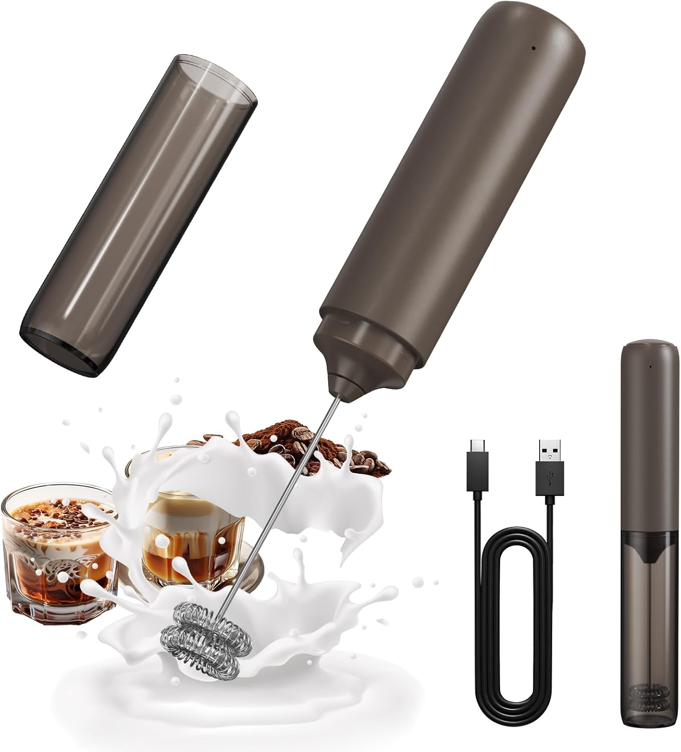 CIRCLE JOY Portable Rechargeable Milk Frother Hanheld, Dual Spring Whisk Electric Coffee Frother Wand Drink Mixer for Matcha Lattes Cappuccino, Kitchen Gifts, Brown