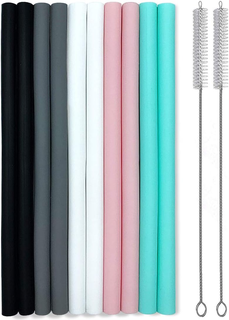 Silicone Straws Set of 10 Straight Smoothies Straws Large Silicon Reusable Drinking Straws with Cleaning Brushes Extra Long for 20oz and 30oz Tumbler - Flexible