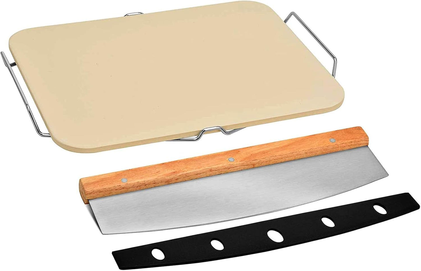 Pizza Grilling Tool Kit - Including 15 x 12 inch Pizza Stone with Metal Handle Rack, Rocker Pizza Cutter Blade with Wooden Safer Grip & Protective Cover – Premium Pizza Oven Grill Accessories