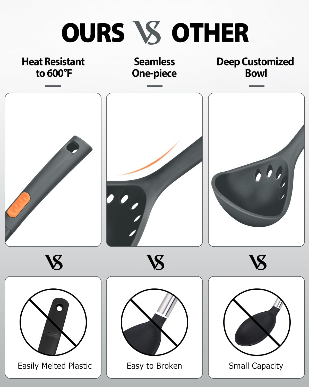 Silicone Pasta Fork and Ladle Spoon Set, Large Non Stick Kitchen Utensils for Cooking,Stirring,One Piece Serving Spaghetti, Soup, Sauce (GREY)