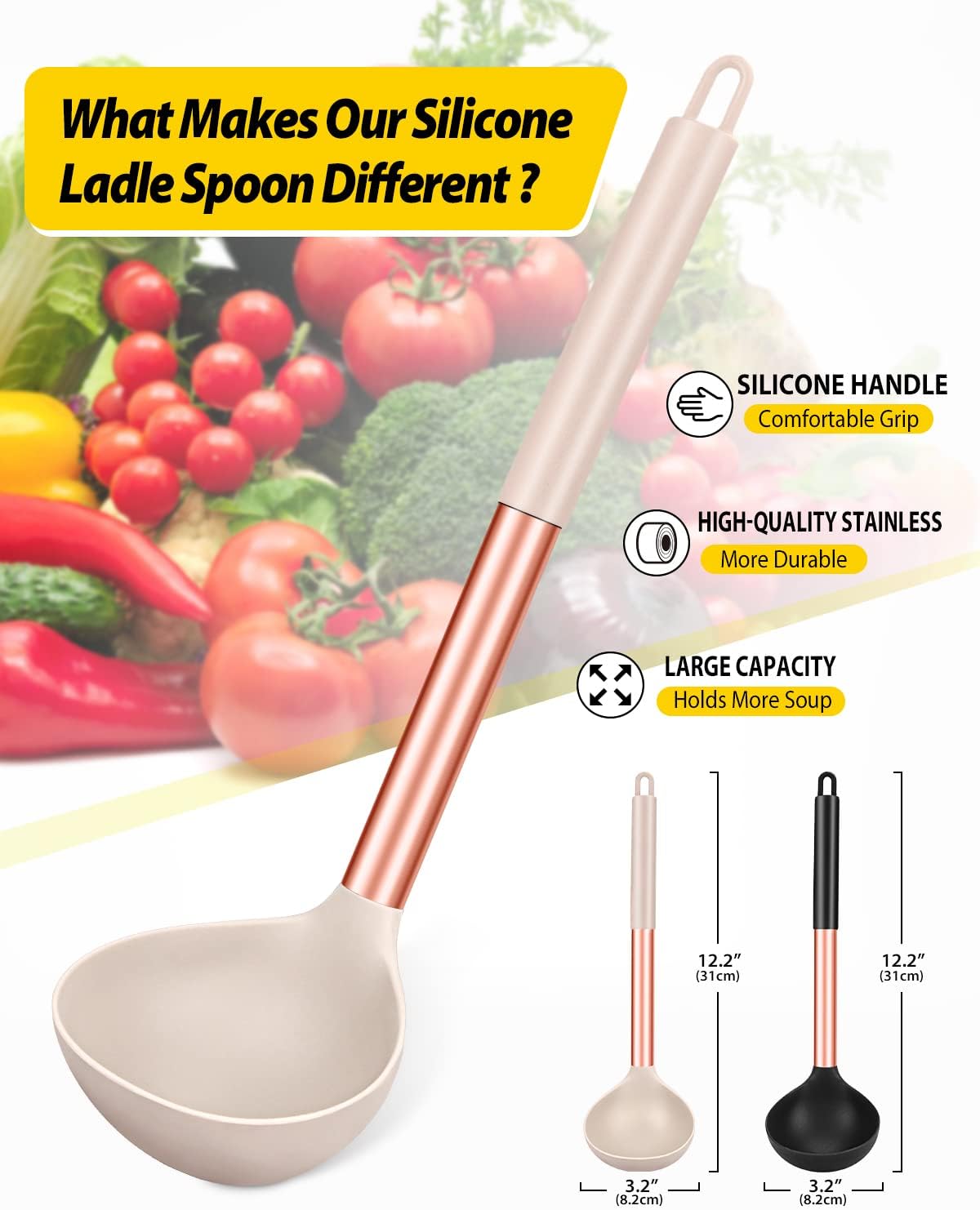 Pack of 2 Ladle Spoon,Silicone Large Spoon for Soup,Non Stick Kitchen Utensils with High Heat Resistant,BPA Free Perfect Kitchen Tools for Cooking, Stirring,Serving Soups (ROSE GOLD BLACK-KHAKI)