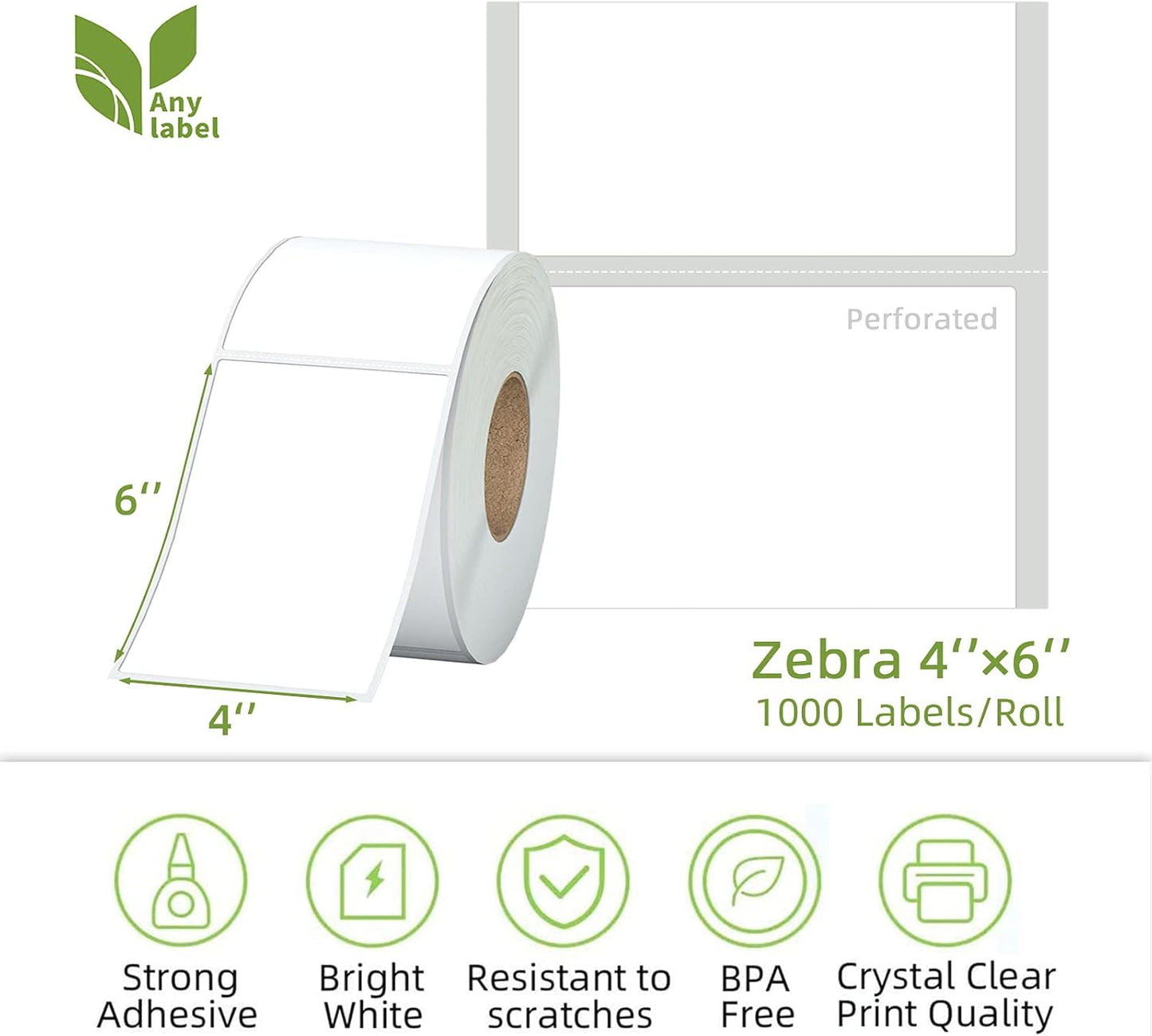 4"x 6" Multipurpose Direct Thermal Labels 3" Core Compatible for Zebra Industrial Printers Adhesive & Perforated (2 Rolls, 1000 Labels/Roll)