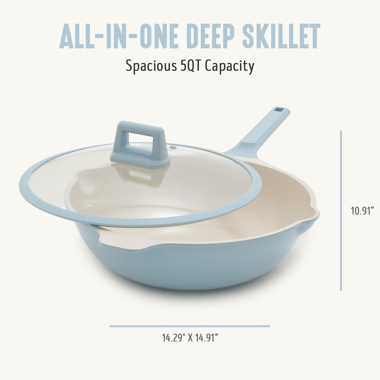 GreenLife Nonstick 12” (5QT) All in One Deep Skillet Wok with Lid, PFAS-Free Non-Toxic Ceramic Multi-Purpose Pan, Induction, All Stovetop, Egg, Stir Fry, Saute, Stay Cool Handle, Blue Haze