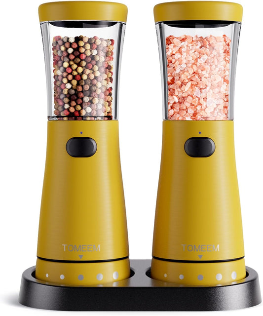 Electric Salt and Pepper Grinder Set with Storage Base, Stainless Steel Rechargeable Salt and Pepper Grinder Set with 4.5 oz Large Capacity, 1.8" Wide Mouth, Adjustable Coarseness, Ideal for Kitchen