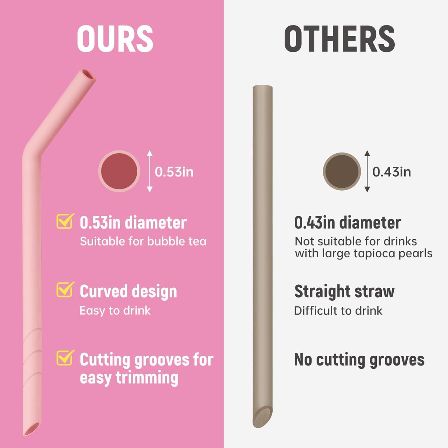 NiHome 6PCS Extra Wide Reusable Bent Silicone Straws for Boba, Smoothies, Bubble Tea, Eco-Friendly Bent Straws for Thick Drinks, Child-Safe, Customizable Length, 2 Brushes for Cleaning (Pink Gradient)